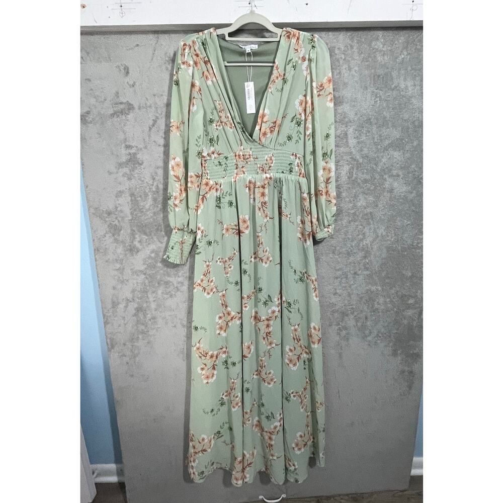 Baltic Born Olivia Maxi Dress Medium Sage Green Floral Chiffon Smocked Waist NWT - Picture 2 of 9